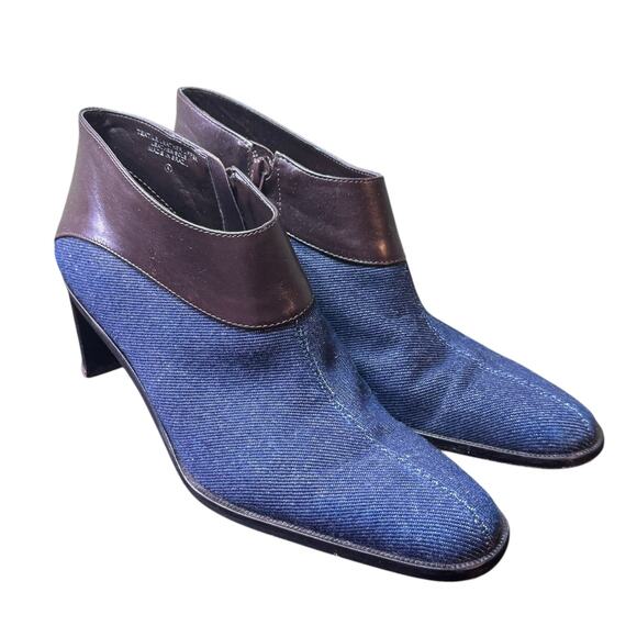 Etienne Aigner Donnie Denim Leather Trim Pointed Toe Stack Heel Bootie - Picture 1 of 7